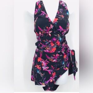 Torrid Black Floral One-Piece Swimsuit with Side Tie 3x
